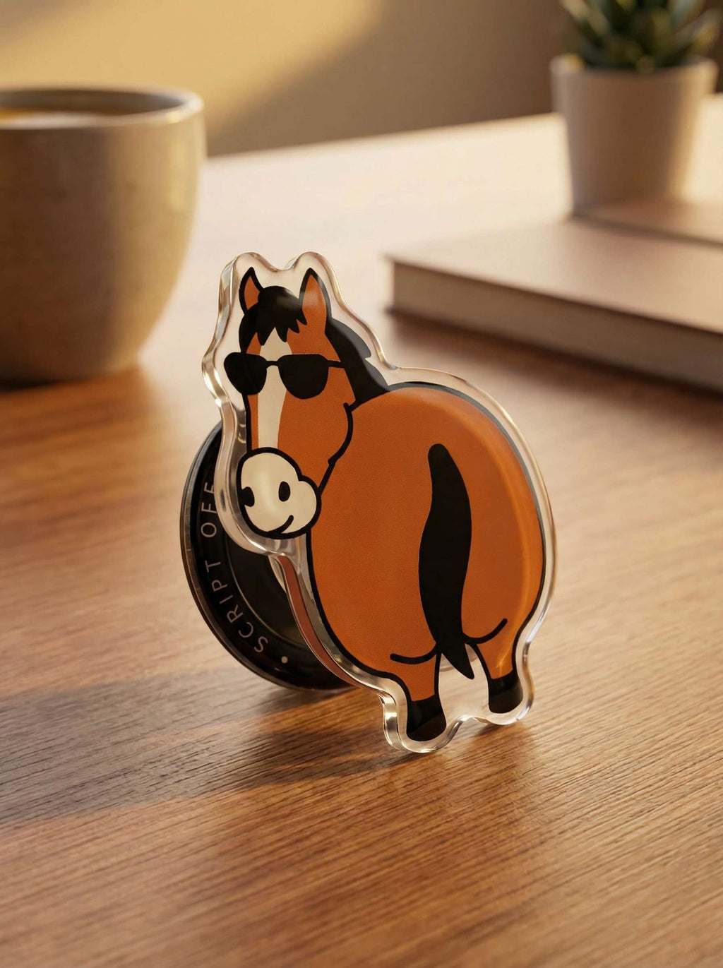 OFF SCRIPT Flattery Little Horse MagSafe magnetic phone grip standing upright on wooden table, showing cartoon horse design with sunglasses